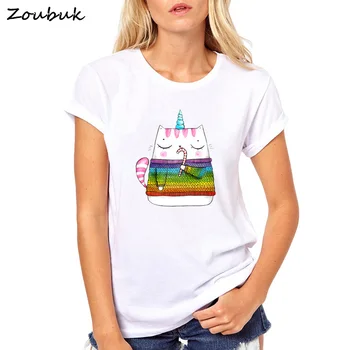 Sunt fericit unicorn pisica Casual pentru Femei tricou de Vară 2020 Topuri Drăguț Alb cu Maneci Scurte Gât O caticorn Tricou