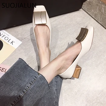 SUOJIALUN de Lux Femei de Primăvară Plat Pantofi Deget de la picior Pătrat Mediu Tocuri de Moda de Metal Barca Tocuri mici Pantofi Femei Pantofi Rochie