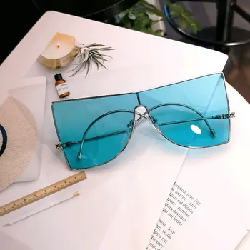 Supradimensionat ochelari de Soare Ochi de Pisica Femei Luxulry de Brand Designer de Metal Pătrat Albastru Galben Clar Lentile de Ochelari de Soare Oglindă Nuante UV400