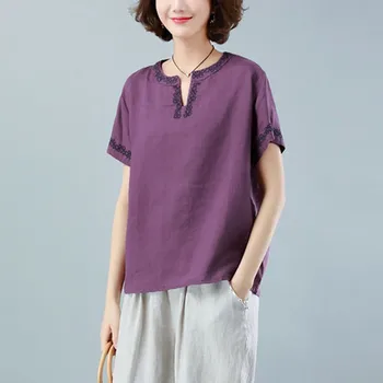 Supradimensionate Lenjerie De Pat Din Bumbac Tricou Femei Vara Vrac Topuri Casual Nou 2020 Simplu Stil Vintage, Broderie Femeie Bluze Camasi P1316