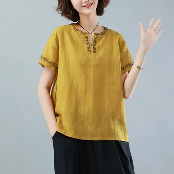 Supradimensionate Lenjerie De Pat Din Bumbac Tricou Femei Vara Vrac Topuri Casual Nou 2020 Simplu Stil Vintage, Broderie Femeie Bluze Camasi P1316