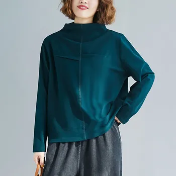 Supradimensionate pentru Femei de Toamna cu Maneci Lungi T-shirt Nou 2020 Simplu Stil Vintage Stand de Guler Culoare Solidă de sex Feminin Bluze Casual Tricouri S2198