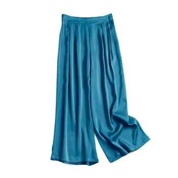 SUYADREAM Mătase Solid Pantaloni Femei Satin de Matase Glezna-Lungime Pantaloni Largi Picior 2020 Toamna Gri Albastru Office-Eleganta, Chic, Pantaloni