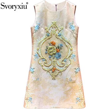 Svoryxiu 2020 Designer de Moda de Vara Roz Jacquard Tank Dress pentru Femei de Înaltă Calitate Margele Floare de Imprimare Rochii a-Line Vestdios