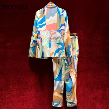 Svoryxiu Designer de Moda Toamna Iarna Pantaloni Costum Femei Singure Butonul Print Sacou + Pantaloni Office-Eleganta Doamna Două Bucata Set