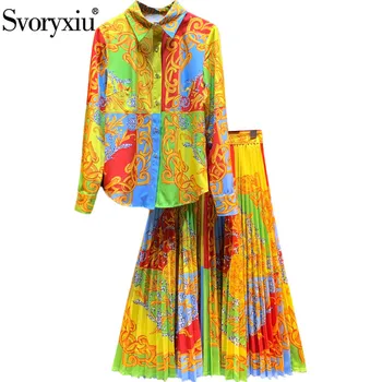 Svoryxiu Moda Femei Toamna Iarna Runway Fusta Costum de lux de Aur Totem Print cu Maneca Lunga Bluza + Fusta Plisata deux-pieces