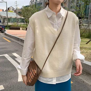 Swater Pentru Femei Stil Coreean V Gât Pulovere Tricotate Femei Mozaic Lung Fără Mâneci Bluze Pulovere Primavara Toamna Haine