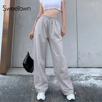 Sweetown De Bază Gri Femeile Jogger Trening Casual Elastic Talie Mare Losse Activewear Pantaloni Sex Feminin Streetwear