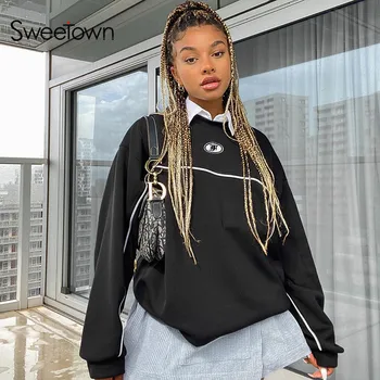 Sweetown Toamna Anului 2020 Negru Jachete Femei De Agrement Acasă Tinutele Casual Mozaic Cu Dungi Cu Maneca Lunga Pulover De Streetwear