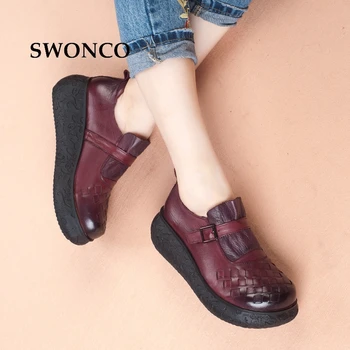 SWONCO Plat pentru Femei Pantofi Platforma 2018 Primavara Toamna din Piele de Epocă Doamnelor Pantofi Femei Pantofi Plat Platforma Femeie Pantofi