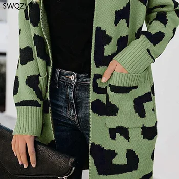 SWQZVT 2020 Toamna Iarna Pulover tricotat pentru Femei de Moda Casual Leopard pentru Femei Cardigan doamnelor Haine de Iarnă uza tricotaje