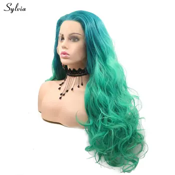 Sylvia Free Parte Părul Ombre verde Malachit Sintetice Dantelă în Fața Peruca Femei Cosplay 2T Sirena Culoare Temperatură Ridicată a Corpului Val