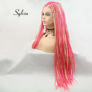 Sylvia Galben/Roz Culoare Mixt Panglica Lung Sintetic Peruci Fata Dantelă Pentru Femei Păr Rezistente La Căldură Fibre Panglica Peruci