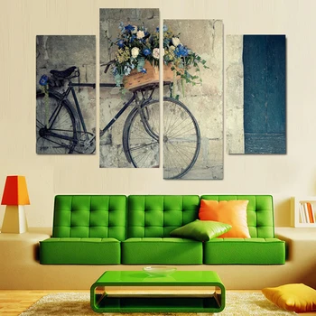 Tablou de Perete de Arta HD Panza Poster Decorațiuni interioare 4 Panou Retro Bike Flori Pentru Living Modular de Imagini Imprimate