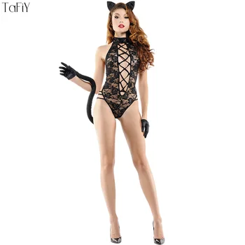 TaFiY Sexy Costum de Halloween pentru Femei Cosplay Haine Dantelă Cat Salopeta Femei Costum de Catwoman Catsuit Sexy Salopete Cu Coada
