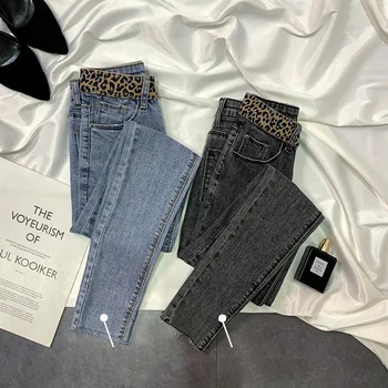 Talie Leopard Aplici Skinny Stretch Pantaloni de Creion de sex Feminin de Epocă Streetwear Glezna-Lungime pantaloni din denim femei Jeans Pentru Femei