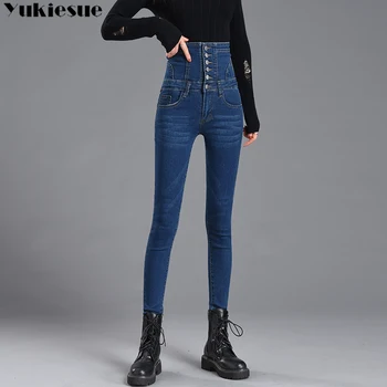 Talie înaltă, din Denim Pantaloni de Creion 2020 iarna Albastru Inchis Blugi Skinny Femei pentru Femei-coreean Chic Show Slim Jean Femei Plus dimensiune