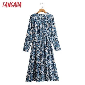Tangada femei de moda puncte albastre de imprimare rochie a-line v gatului Maneca Lunga Doamnelor Rochie lunga Vestidos SY143