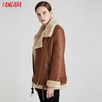 Tangada Femei maro blana faux din piele geaca haina cu centura rândul său, în jos guler Doamnelor 2020 Gros de Iarna Cald Palton Supradimensionat 5B01-1