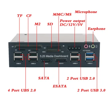 Tccmebius 5.25-inch PC multifuncțional tablou de bord mass-media de pe panoul frontal cu SATA e-SATA,6-port port audio și 5-în-1 cititor de card