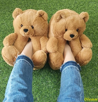 Teddy Bear femei crăciun de pluș, papuci de Desene animate Drăguț Urs de Casa Papuci de casa cu Blană Faux blana Diapozitive Femeie Blană Flip Flop Pantofi