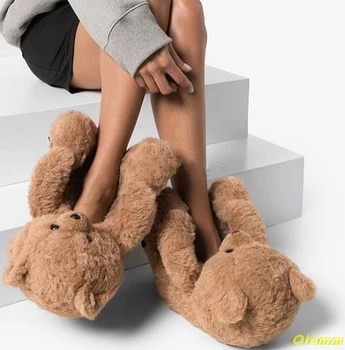 Teddy Bear femei crăciun de pluș, papuci de Desene animate Drăguț Urs de Casa Papuci de casa cu Blană Faux blana Diapozitive Femeie Blană Flip Flop Pantofi