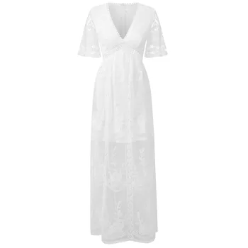 TEELYNN dantelă maxi rochie femei de epocă alb adânc v gâtului lung rochii de vara elegante broderii florale halat boho plaja vestidos