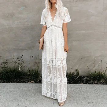 TEELYNN dantelă maxi rochie femei de epocă alb adânc v gâtului lung rochii de vara elegante broderii florale halat boho plaja vestidos