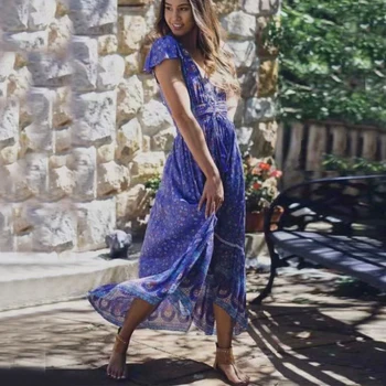 TEELYNN sexy backless gât adânc v rochii de vara femei vintage 2020 bumbac albastru de imprimare florale maxi rochie boho plaja vestidos halat