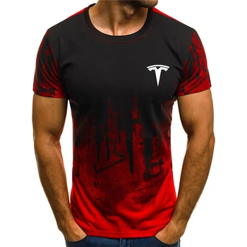Tesla logo-ul 3d tricou rotund gat gradient scrisoare de imprimare de moda rotund gât cu mânecă scurtă T-shirt