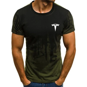 Tesla logo-ul 3d tricou rotund gat gradient scrisoare de imprimare de moda rotund gât cu mânecă scurtă T-shirt