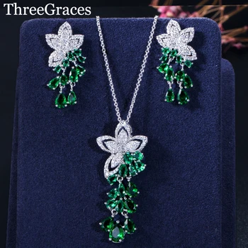 ThreeGraces Moda Verde Cubic Zirconia Floare Rafinat Frunze Pandantiv Colier picătură Cercei Set Bijuterii pentru Femei JS214