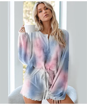 Tie Dye Două Bucata Set Trening Femei Haine 2020 Casual Cu Maneca Lunga Topuri Elastic Talie Pantaloni Scurți De Pijama Costum Lounge Poarte Haine