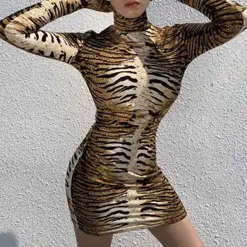 Tigru Model Cu Maneci Lungi Acoperă Degetul Rochie Sexy 2020 Doamnelor Guler Toamna Club De Noapte Partid Rochie Mini De Sex Feminin Vestidos