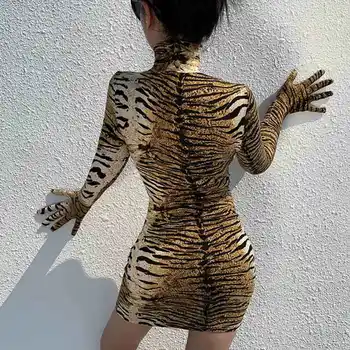 Tigru Model Cu Maneci Lungi Acoperă Degetul Rochie Sexy 2020 Doamnelor Guler Toamna Club De Noapte Partid Rochie Mini De Sex Feminin Vestidos
