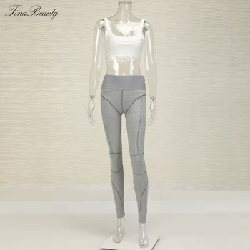 Tina Frumusete Kylie Set Gymwear Costumele Din Două Piese Set Gât Pătrat Stomac Bustiera & Stretch Lungime Completă Hash Linie Pantaloni Sudoare Set