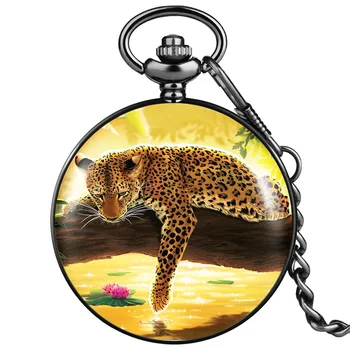 Tipărite Animal Leopard Antic De Buzunar Ceas De Cuarț Circulație Pandantiv Fob Lanț Retro Ceas De Buzunar Cifre Arabe, Cadran De Afișaj