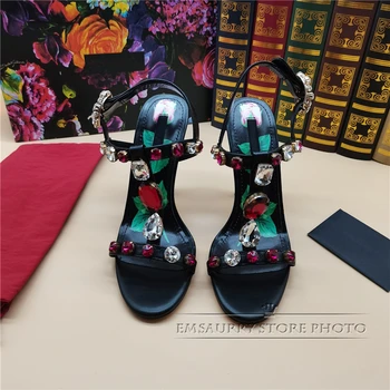 Tipărite de Flori Subțire Toc Înalt Sandale Femei Bijuterii de Cristal T-curea pantofi Piele Stras Sandale de Vara Femei