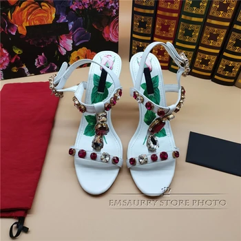 Tipărite de Flori Subțire Toc Înalt Sandale Femei Bijuterii de Cristal T-curea pantofi Piele Stras Sandale de Vara Femei
