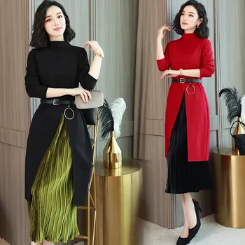 Toamna 2018 nou de sex feminin coreeană costum de moda tricotate rochie de temperament slim fals două piese maneca lunga fund fusta