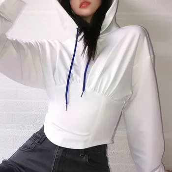 Toamna 2020 Alb Recoltate Corset Hanorac Femei cu Maneci Lungi Cordon din Dantela-up Streetwear Tricou Top coreean Toamna Haine