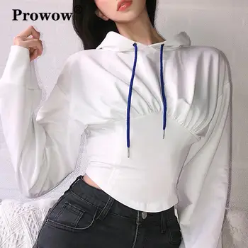 Toamna 2020 Alb Recoltate Corset Hanorac Femei cu Maneci Lungi Cordon din Dantela-up Streetwear Tricou Top coreean Toamna Haine