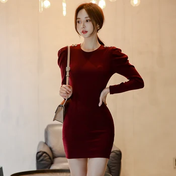 Toamna Anului 2019 Nou Coreean De Sex Feminin Sexy Gât Rotund Mâneci Puf Subțire, Elegant, Modă De Culoare Solidă Sac De Șold Bottom Rochie Din Tricot