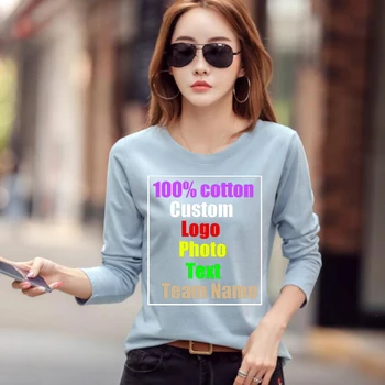 Toamna coreene noi femei vrac LOGO-ul personalizat de bumbac culoare solidă mâneci lungi T-shirt doamnelor cămașă de gât