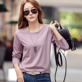 Toamna coreene noi femei vrac LOGO-ul personalizat de bumbac culoare solidă mâneci lungi T-shirt doamnelor cămașă de gât