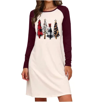 Toamna Crăciun Rochie T-shirt Femei Vrac Copac Imprimate Casual Rochii O-Gât de Îmbinare Mânecă Lungă Doamnelor Rochie Plus Dimensiune Vestidos