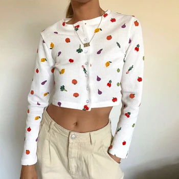 Toamna Femei cu mâneci Lungi Fructe de Imprimare Placket Buton Doamnelor Scurte Gât Rotund tricou Sexy Casual Uzura Stradă