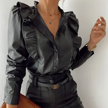 Toamna Femei Negru din Piele PU Zburli Tricouri Zaraing Formale Capabile Capabil de sex Feminin Rever Maneca Lunga Jachetă Bluza Topuri 2021