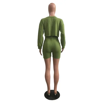 Toamna Femei O-neck Maneca Lunga Imperiul Buzunar pantaloni Scurți de Moda Set de Doua Bucati Doamnelor Sexy Crop Top Solid Liber Casual Trening