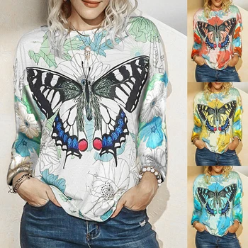 Toamna Femei T-shirt cu Maneci Lungi Gât O Floare Fluture de Imprimare Tee Camasi Casual Camiseta Feminina Plus Dimensiune Topuri 2XL